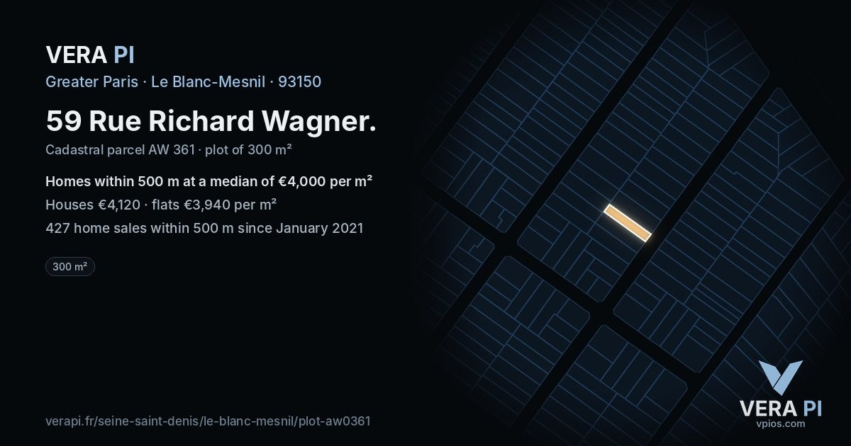 59 Rue Richard Wagner, Le Blanc-Mesnil at night – the plot lit, the parcels around coloured by the prices near them