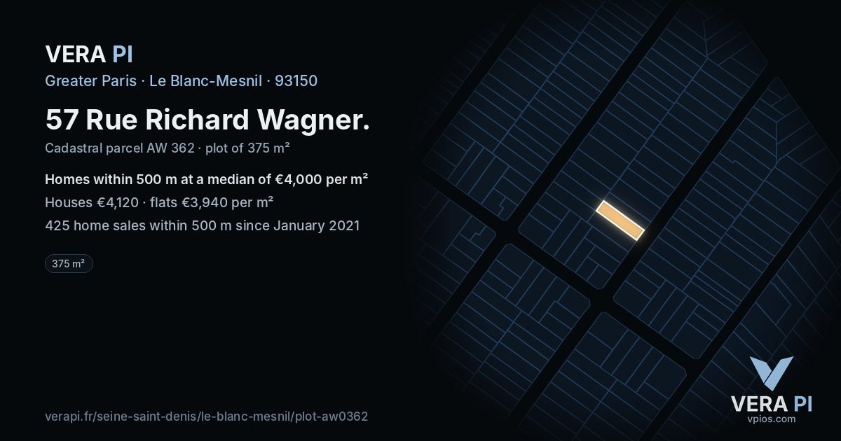 57 Rue Richard Wagner, Le Blanc-Mesnil at night – the plot lit, the parcels around coloured by the prices near them