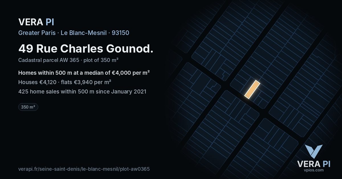 49 Rue Charles Gounod, Le Blanc-Mesnil at night – the plot lit, the parcels around coloured by the prices near them