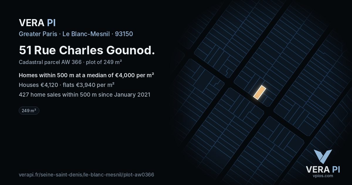 51 Rue Charles Gounod, Le Blanc-Mesnil at night – the plot lit, the parcels around coloured by the prices near them