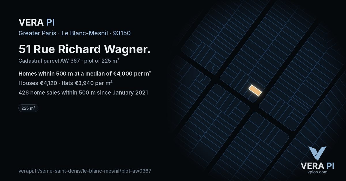 51 Rue Richard Wagner, Le Blanc-Mesnil at night – the plot lit, the parcels around coloured by the prices near them
