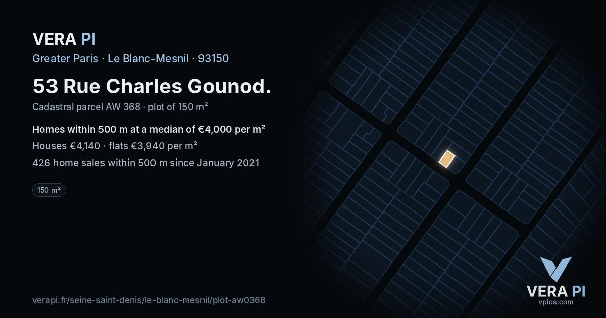 53 Rue Charles Gounod, Le Blanc-Mesnil at night – the plot lit, the parcels around coloured by the prices near them
