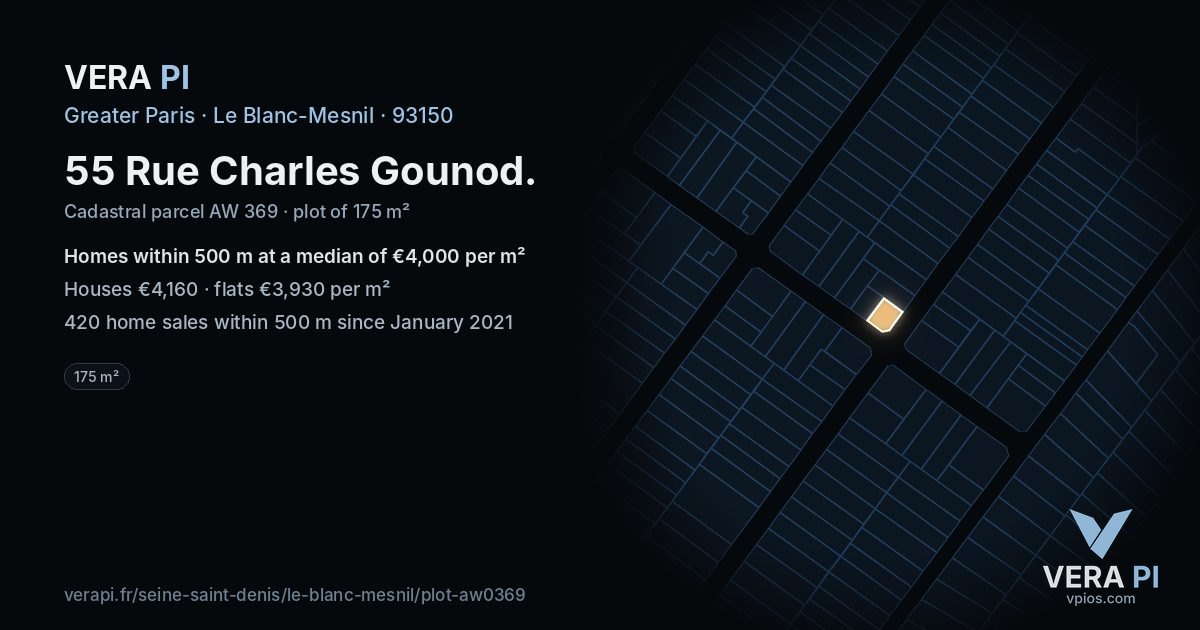55 Rue Charles Gounod, Le Blanc-Mesnil at night – the plot lit, the parcels around coloured by the prices near them