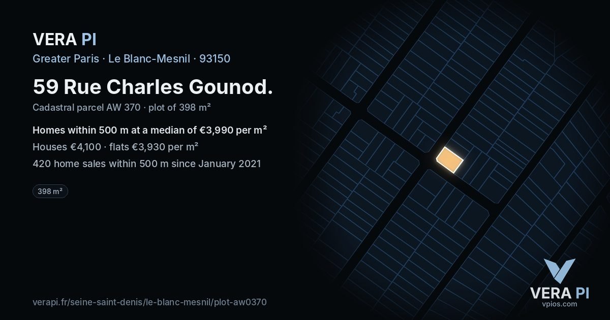 59 Rue Charles Gounod, Le Blanc-Mesnil at night – the plot lit, the parcels around coloured by the prices near them