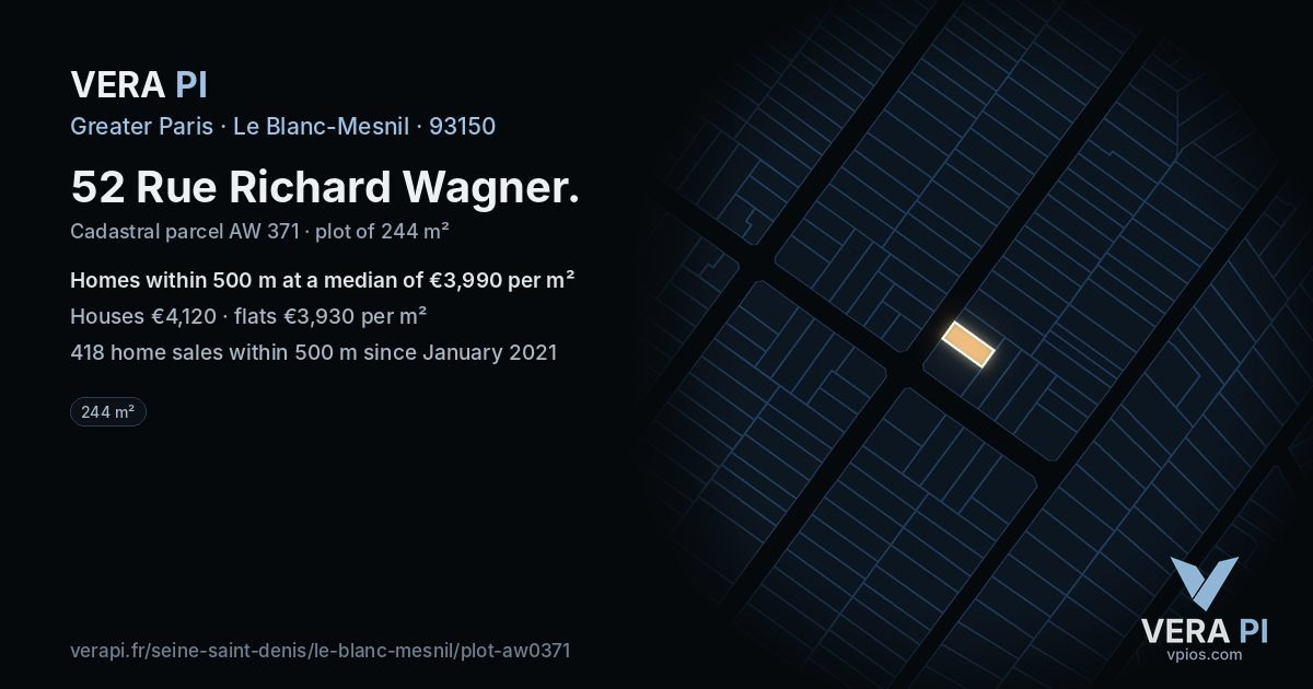 52 Rue Richard Wagner, Le Blanc-Mesnil at night – the plot lit, the parcels around coloured by the prices near them