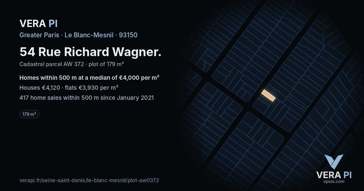 54 Rue Richard Wagner, Le Blanc-Mesnil at night – the plot lit, the parcels around coloured by the prices near them