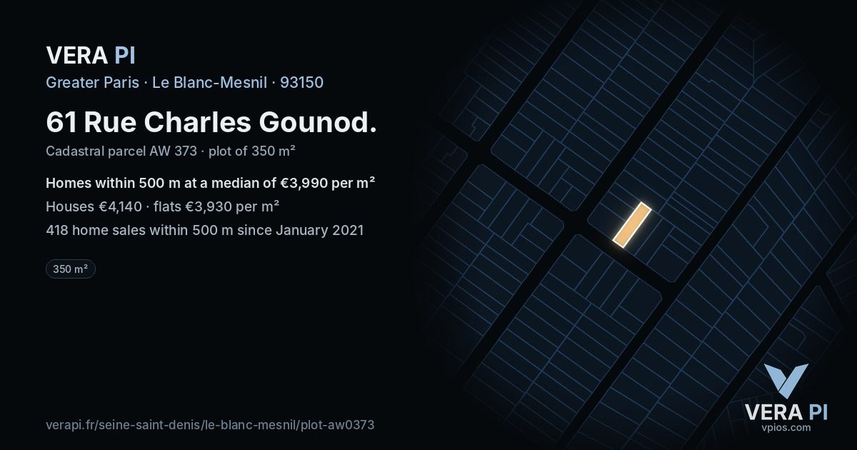 61 Rue Charles Gounod, Le Blanc-Mesnil at night – the plot lit, the parcels around coloured by the prices near them