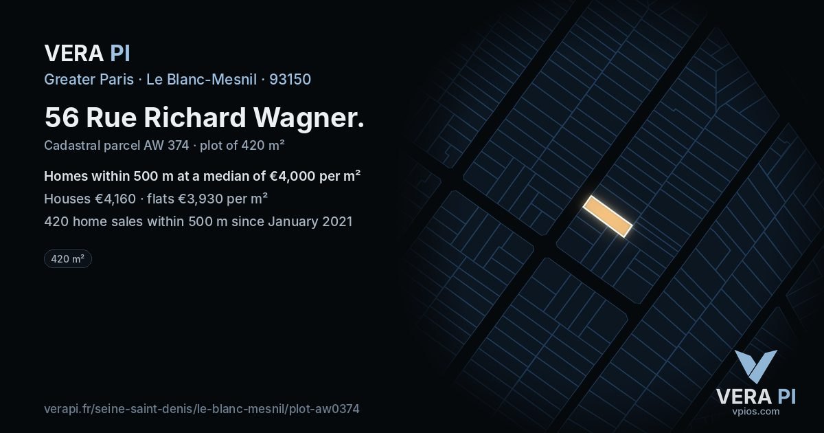 56 Rue Richard Wagner, Le Blanc-Mesnil at night – the plot lit, the parcels around coloured by the prices near them