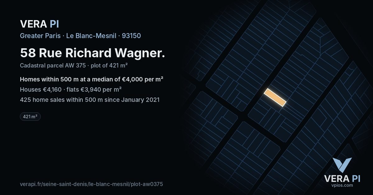 58 Rue Richard Wagner, Le Blanc-Mesnil at night – the plot lit, the parcels around coloured by the prices near them