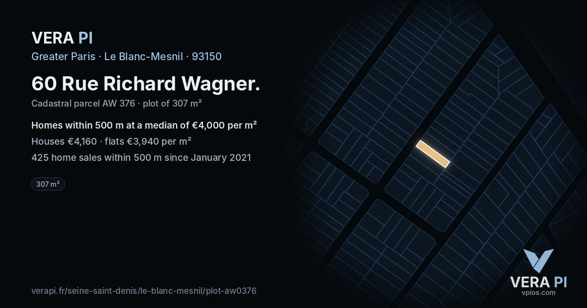 60 Rue Richard Wagner, Le Blanc-Mesnil at night – the plot lit, the parcels around coloured by the prices near them