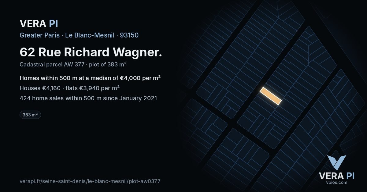 62 Rue Richard Wagner, Le Blanc-Mesnil at night – the plot lit, the parcels around coloured by the prices near them