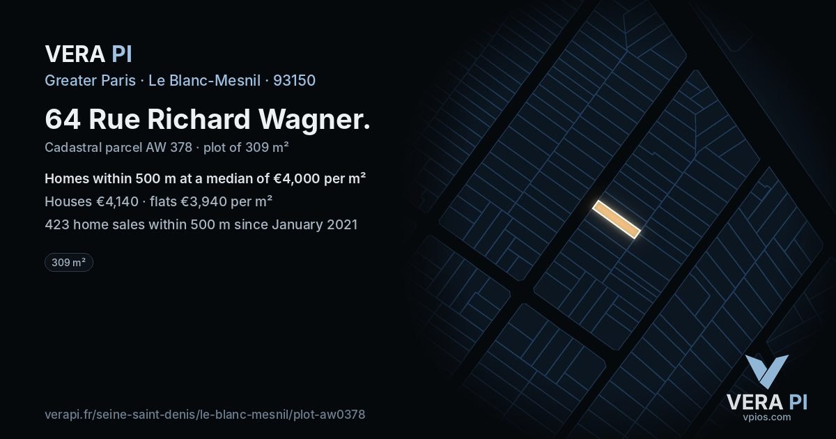 64 Rue Richard Wagner, Le Blanc-Mesnil at night – the plot lit, the parcels around coloured by the prices near them