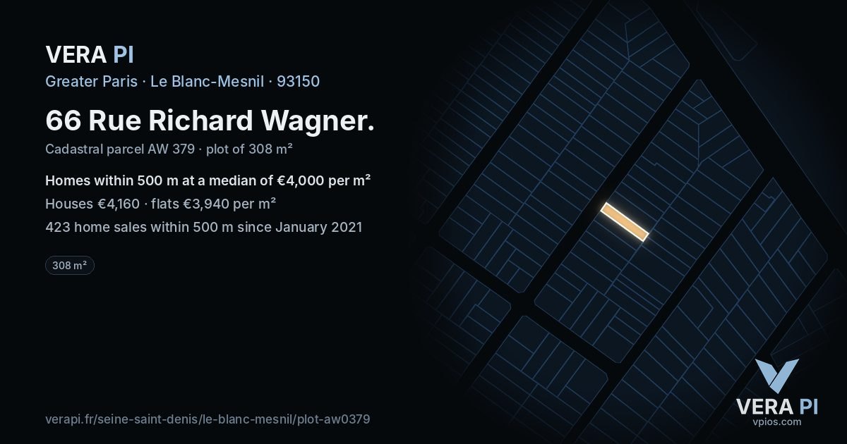 66 Rue Richard Wagner, Le Blanc-Mesnil at night – the plot lit, the parcels around coloured by the prices near them
