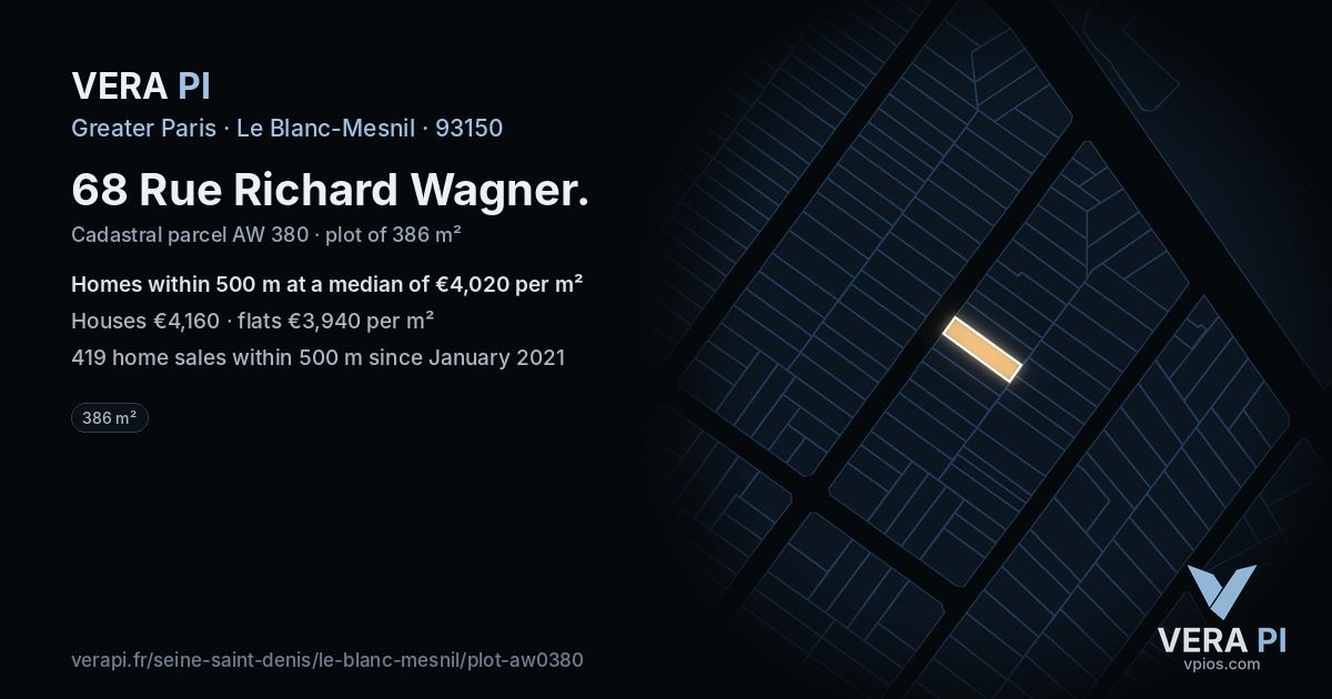 68 Rue Richard Wagner, Le Blanc-Mesnil at night – the plot lit, the parcels around coloured by the prices near them