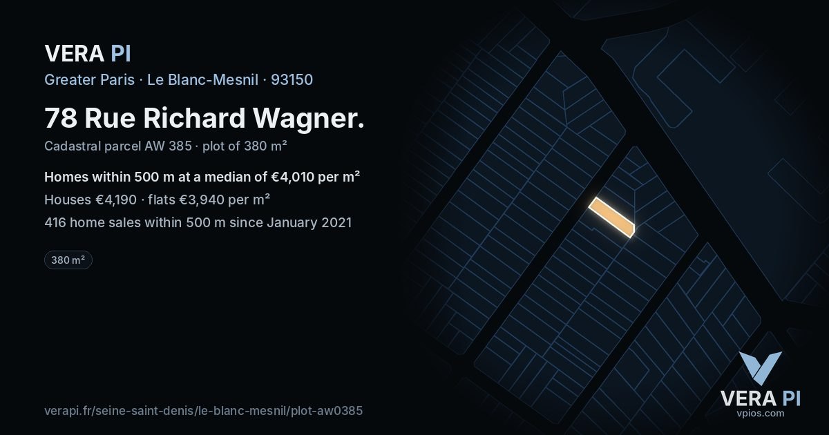 78 Rue Richard Wagner, Le Blanc-Mesnil at night – the plot lit, the parcels around coloured by the prices near them