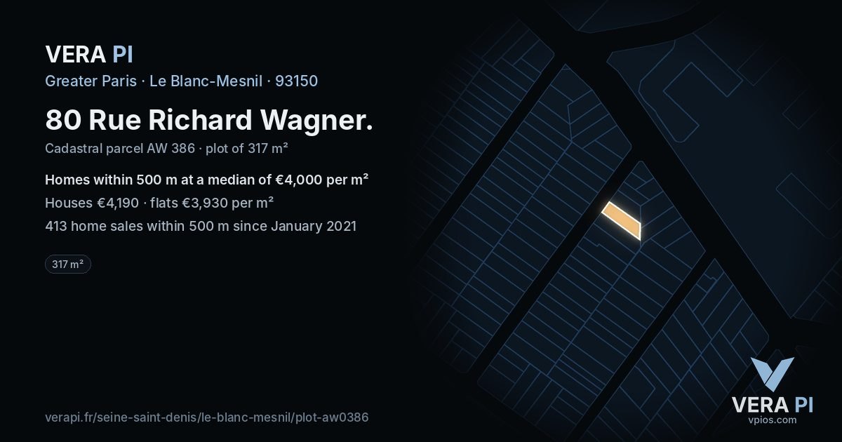 80 Rue Richard Wagner, Le Blanc-Mesnil at night – the plot lit, the parcels around coloured by the prices near them
