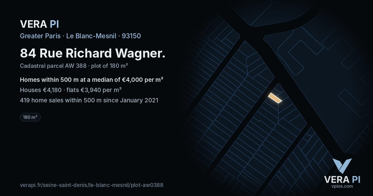 84 Rue Richard Wagner, Le Blanc-Mesnil at night – the plot lit, the parcels around coloured by the prices near them
