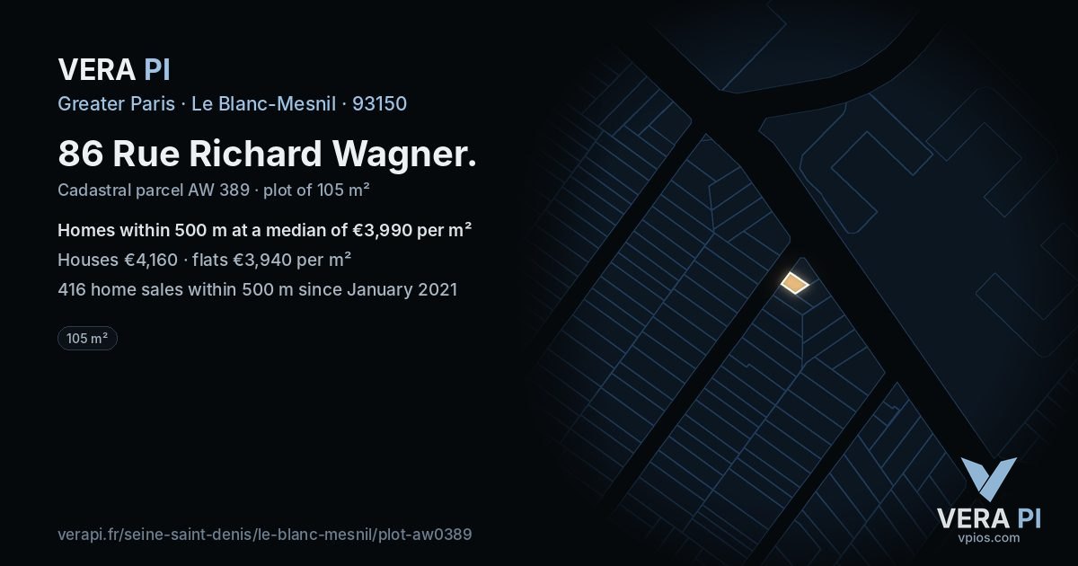86 Rue Richard Wagner, Le Blanc-Mesnil at night – the plot lit, the parcels around coloured by the prices near them
