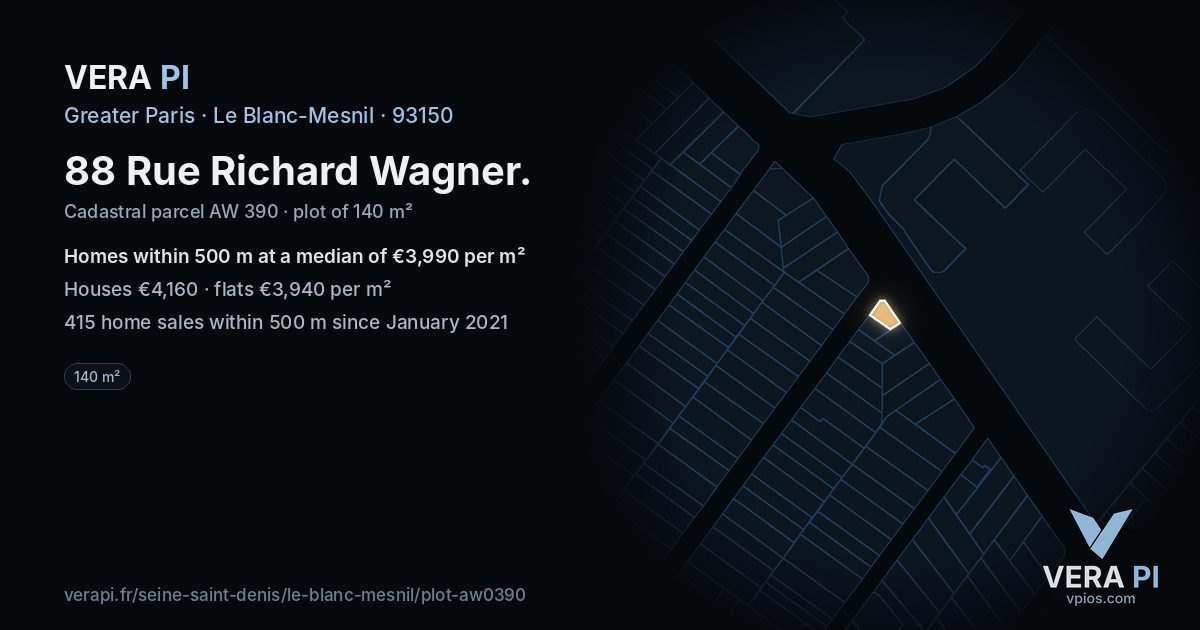 88 Rue Richard Wagner, Le Blanc-Mesnil at night – the plot lit, the parcels around coloured by the prices near them