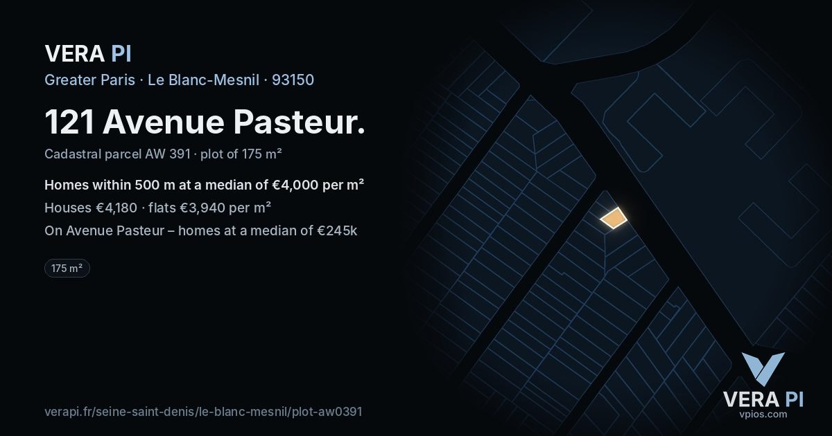 121 Avenue Pasteur, Le Blanc-Mesnil at night – the plot lit, the parcels around coloured by the prices near them