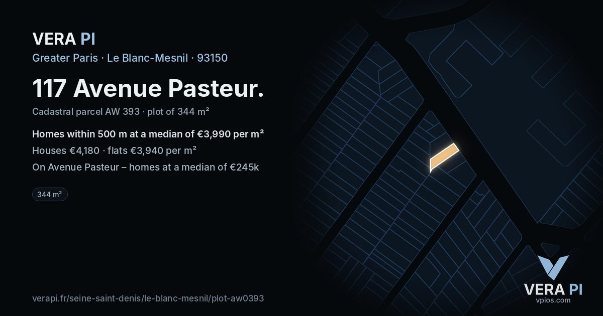 117 Avenue Pasteur, Le Blanc-Mesnil at night – the plot lit, the parcels around coloured by the prices near them