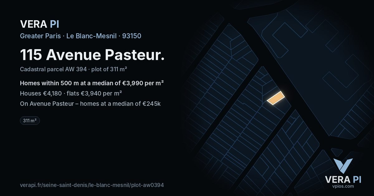 115 Avenue Pasteur, Le Blanc-Mesnil at night – the plot lit, the parcels around coloured by the prices near them