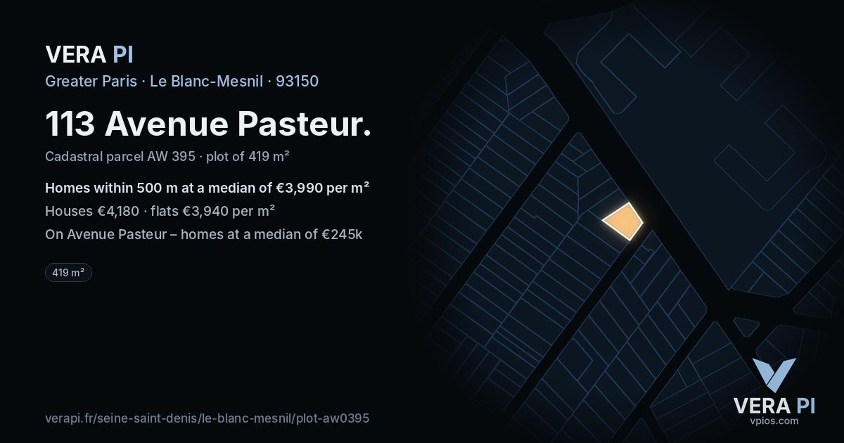 113 Avenue Pasteur, Le Blanc-Mesnil at night – the plot lit, the parcels around coloured by the prices near them