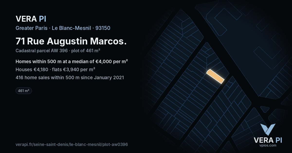 71 Rue Augustin Marcos, Le Blanc-Mesnil at night – the plot lit, the parcels around coloured by the prices near them