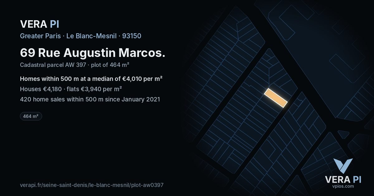69 Rue Augustin Marcos, Le Blanc-Mesnil at night – the plot lit, the parcels around coloured by the prices near them