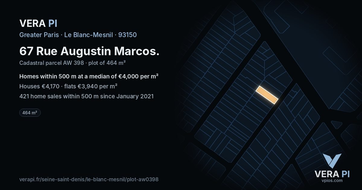 67 Rue Augustin Marcos, Le Blanc-Mesnil at night – the plot lit, the parcels around coloured by the prices near them