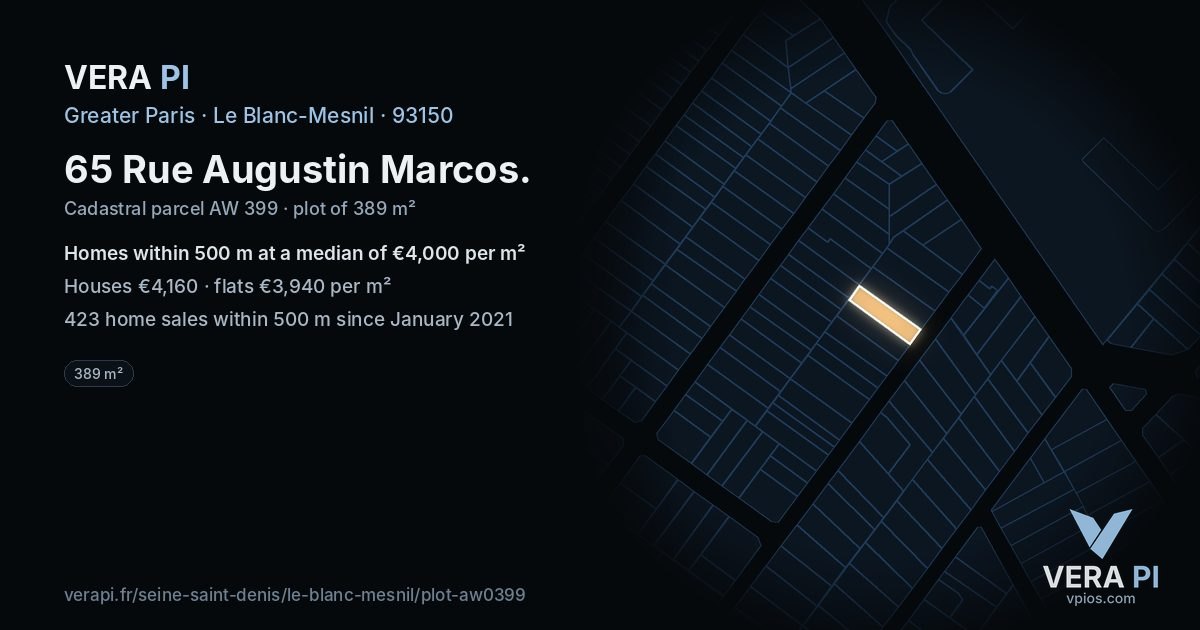 65 Rue Augustin Marcos, Le Blanc-Mesnil at night – the plot lit, the parcels around coloured by the prices near them
