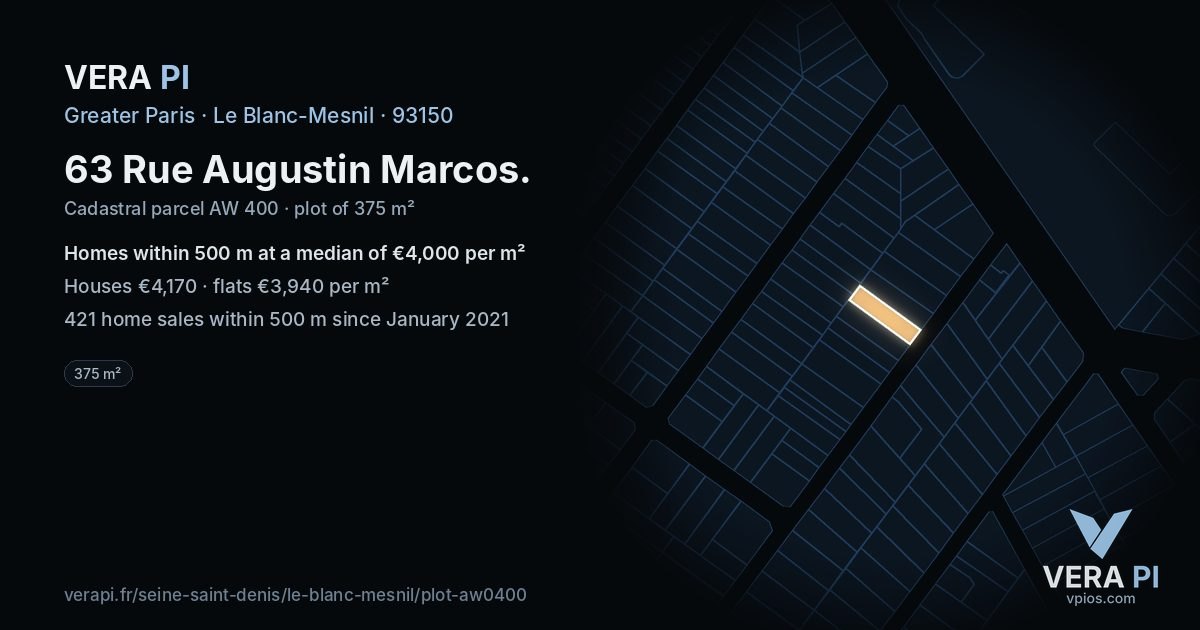 63 Rue Augustin Marcos, Le Blanc-Mesnil at night – the plot lit, the parcels around coloured by the prices near them