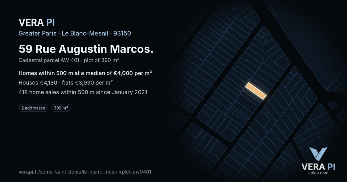 59 Rue Augustin Marcos, Le Blanc-Mesnil at night – the plot lit, the parcels around coloured by the prices near them