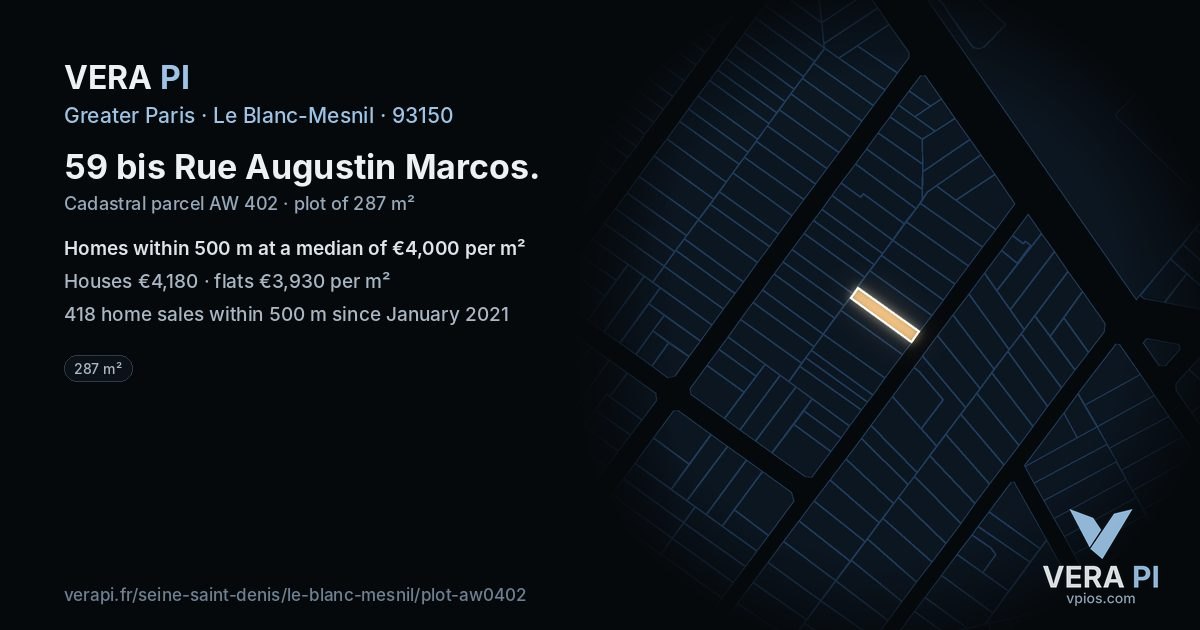 59 bis Rue Augustin Marcos, Le Blanc-Mesnil at night – the plot lit, the parcels around coloured by the prices near them