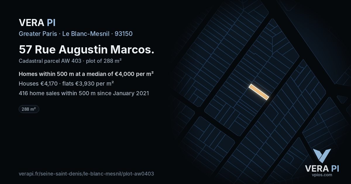 57 Rue Augustin Marcos, Le Blanc-Mesnil at night – the plot lit, the parcels around coloured by the prices near them