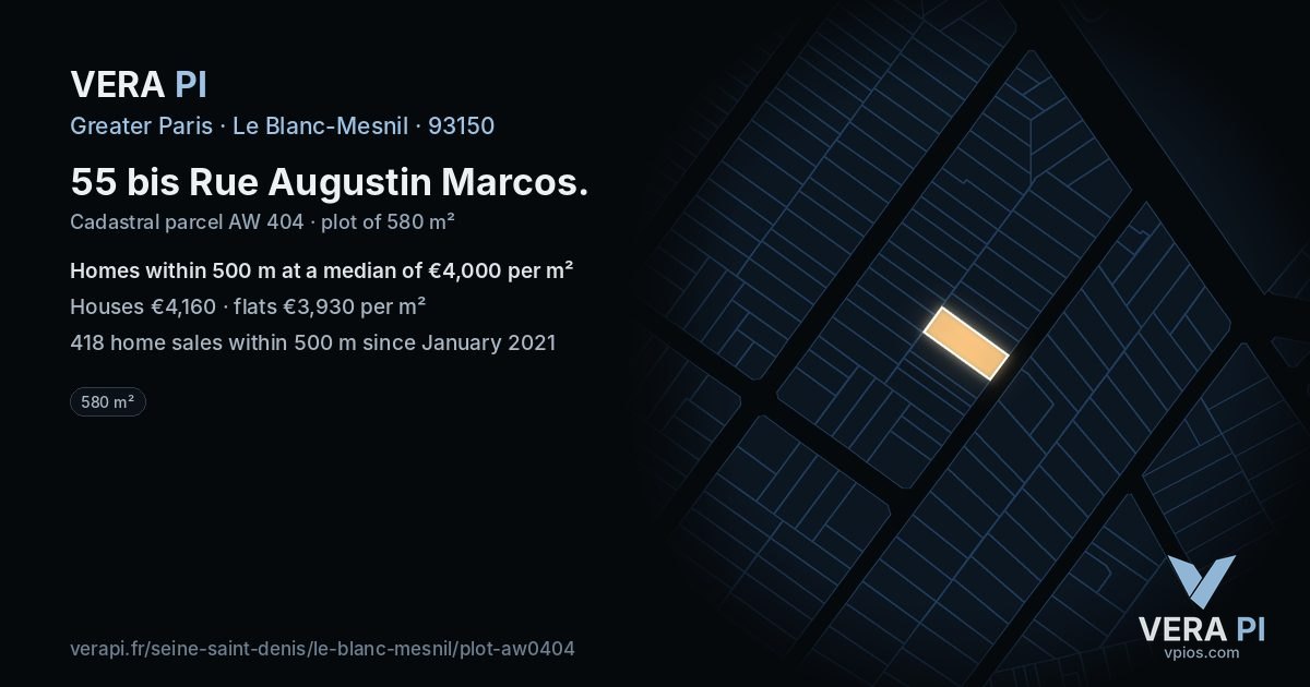 55 bis Rue Augustin Marcos, Le Blanc-Mesnil at night – the plot lit, the parcels around coloured by the prices near them
