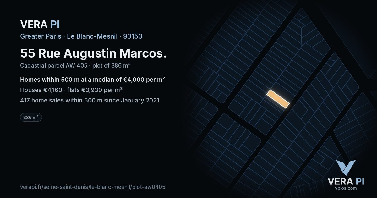 55 Rue Augustin Marcos, Le Blanc-Mesnil at night – the plot lit, the parcels around coloured by the prices near them