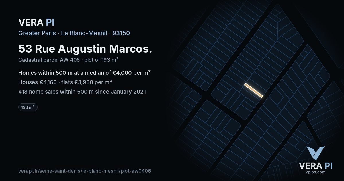 53 Rue Augustin Marcos, Le Blanc-Mesnil at night – the plot lit, the parcels around coloured by the prices near them
