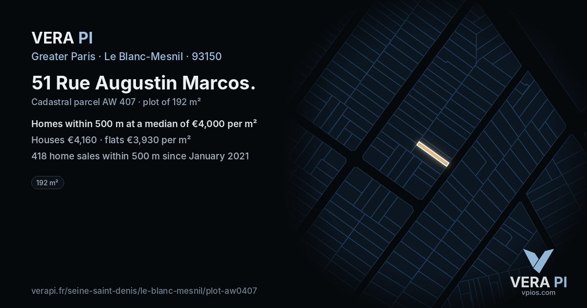 51 Rue Augustin Marcos, Le Blanc-Mesnil at night – the plot lit, the parcels around coloured by the prices near them