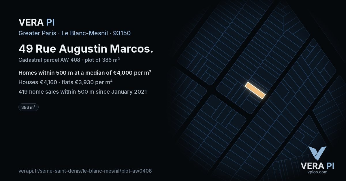 49 Rue Augustin Marcos, Le Blanc-Mesnil at night – the plot lit, the parcels around coloured by the prices near them