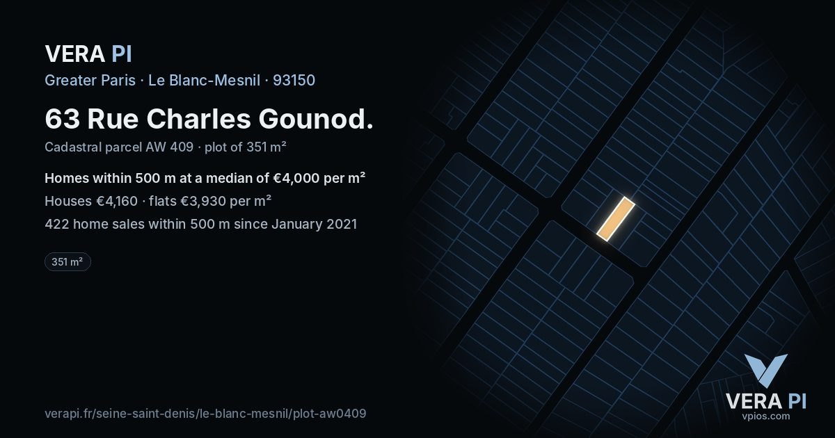 63 Rue Charles Gounod, Le Blanc-Mesnil at night – the plot lit, the parcels around coloured by the prices near them