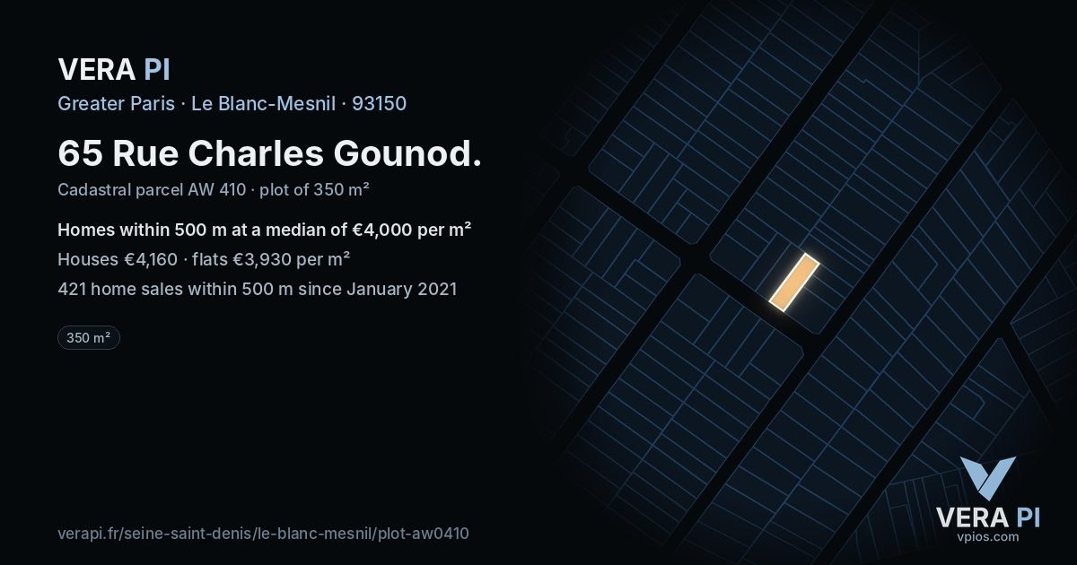 65 Rue Charles Gounod, Le Blanc-Mesnil at night – the plot lit, the parcels around coloured by the prices near them