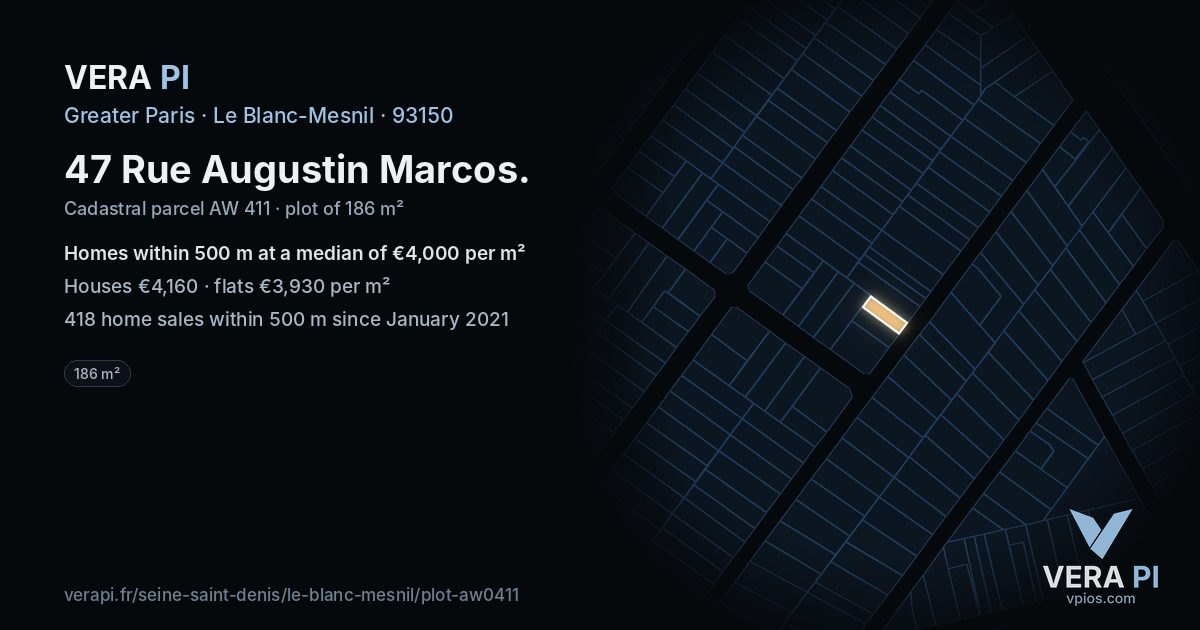 47 Rue Augustin Marcos, Le Blanc-Mesnil at night – the plot lit, the parcels around coloured by the prices near them
