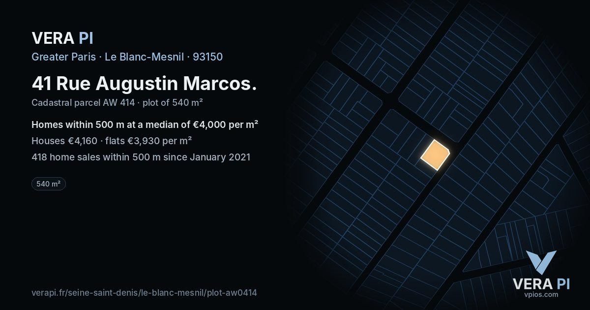 41 Rue Augustin Marcos, Le Blanc-Mesnil at night – the plot lit, the parcels around coloured by the prices near them