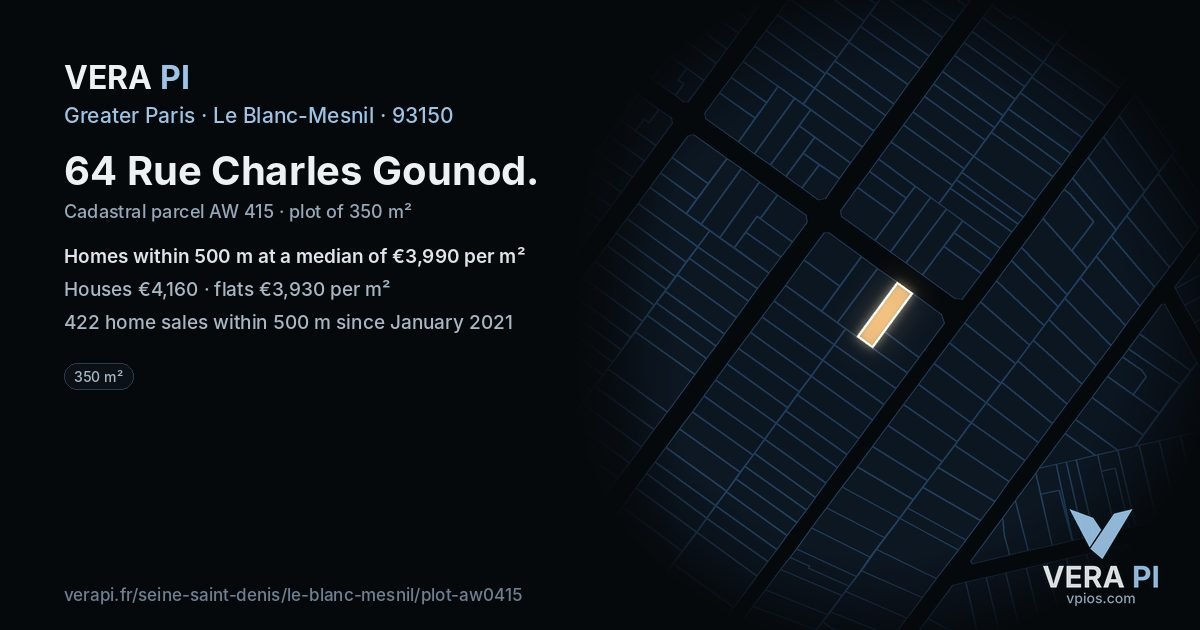64 Rue Charles Gounod, Le Blanc-Mesnil at night – the plot lit, the parcels around coloured by the prices near them