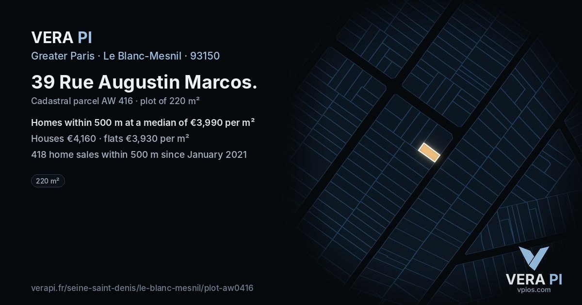 39 Rue Augustin Marcos, Le Blanc-Mesnil at night – the plot lit, the parcels around coloured by the prices near them
