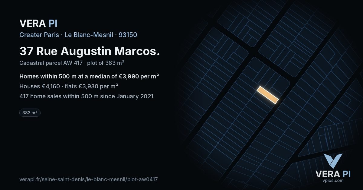 37 Rue Augustin Marcos, Le Blanc-Mesnil at night – the plot lit, the parcels around coloured by the prices near them