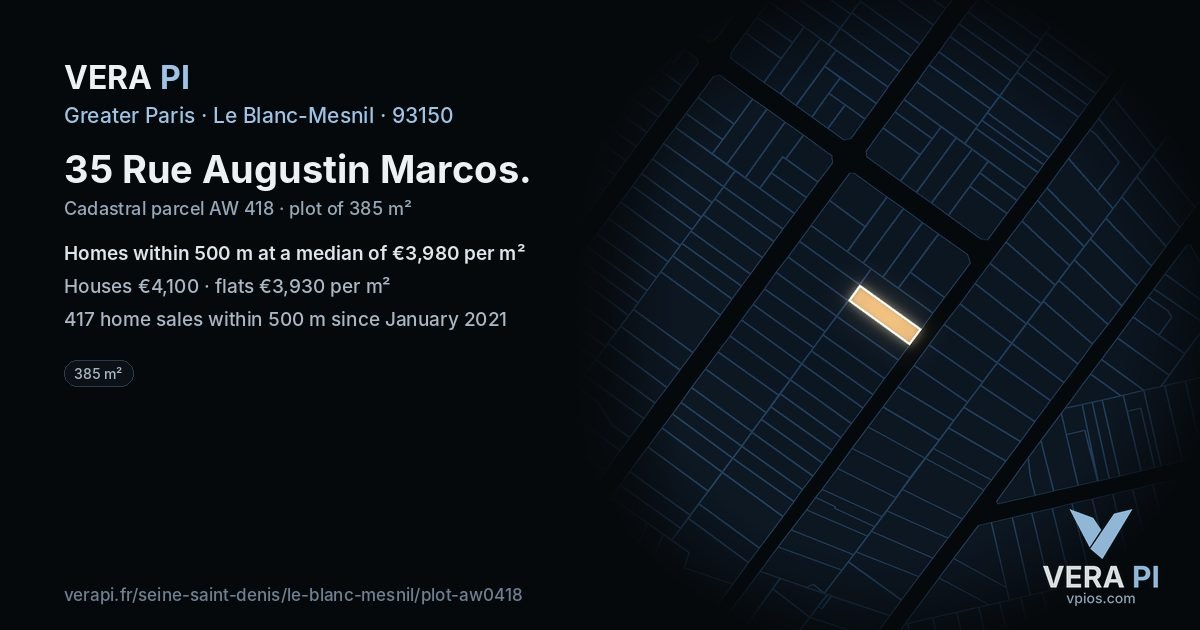 35 Rue Augustin Marcos, Le Blanc-Mesnil at night – the plot lit, the parcels around coloured by the prices near them