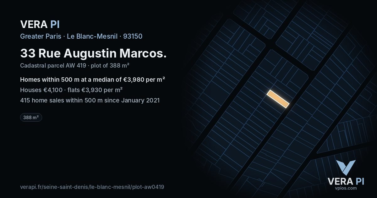 33 Rue Augustin Marcos, Le Blanc-Mesnil at night – the plot lit, the parcels around coloured by the prices near them