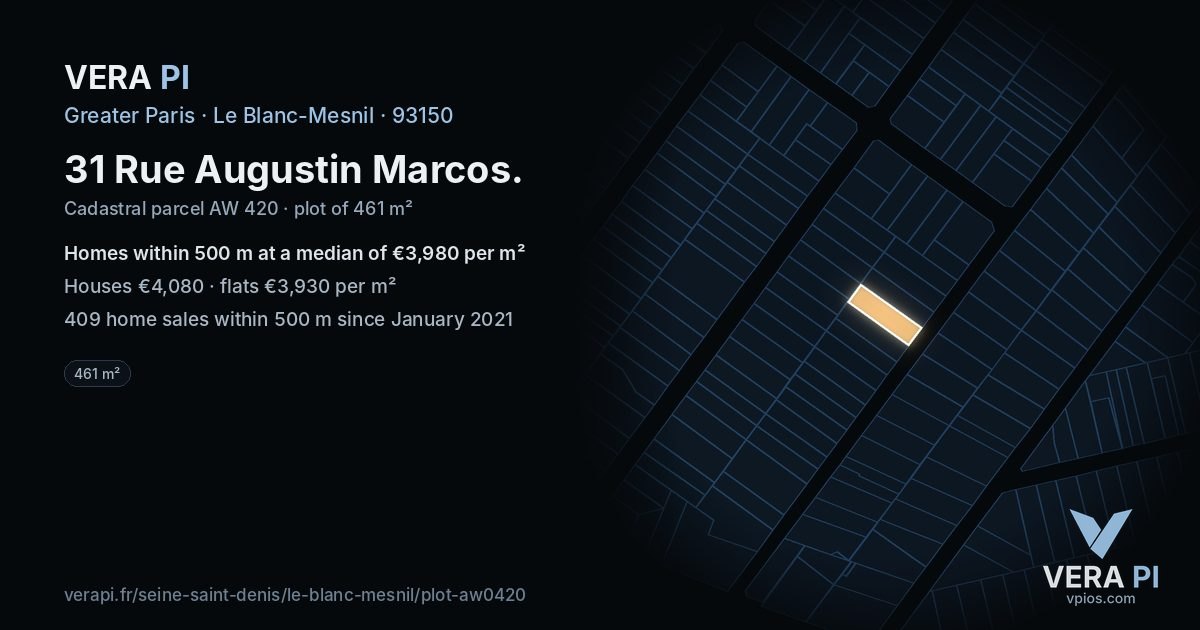 31 Rue Augustin Marcos, Le Blanc-Mesnil at night – the plot lit, the parcels around coloured by the prices near them